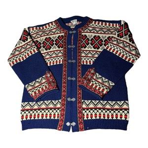 Vintage Gann Sporty Ren Ny Ull Knit Blue Cardigan Sweater Metal Hooks Women’s 50